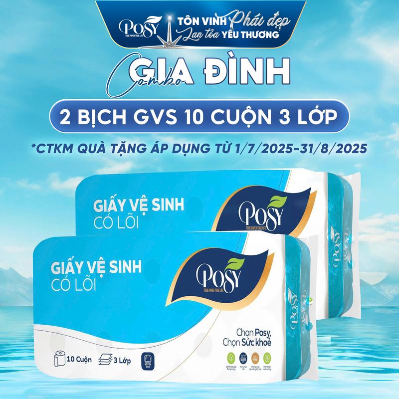 POSY - Combo 2 Bịch GVS Posy 10 Cuộn 3 Lớp, Mềm Mịn, Tiết Kiệm, Tiện Dụng, Làm Từ Bột Giấy Tự Nhiên - Giấy Vệ Sinh