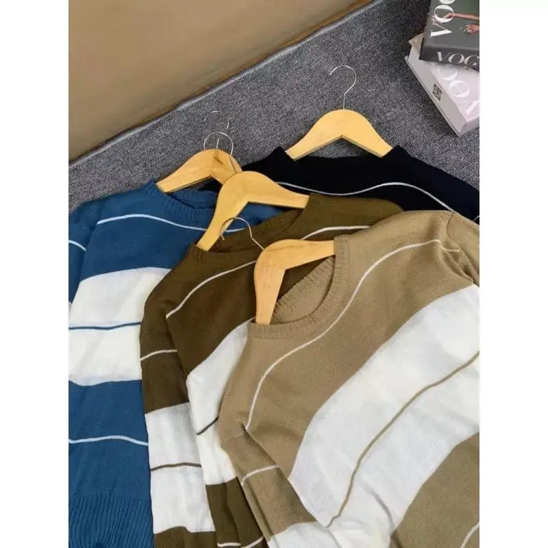 Meira Sweater Rajut Wanita Blouse Knited Motif Garis Garis Korean Style Lengan Panjang 2