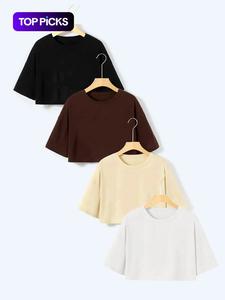 Camiseta corta de cuello redondo para mujer, ropa de verano para mujer, camiseta casual holgada de manga media, atuendos de verano 2024, top para uso diario