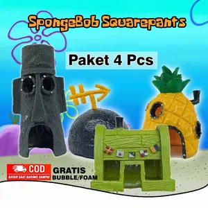 PAKET 4 PCS hiasan aquarium dekorasi miniatur unik spongebob