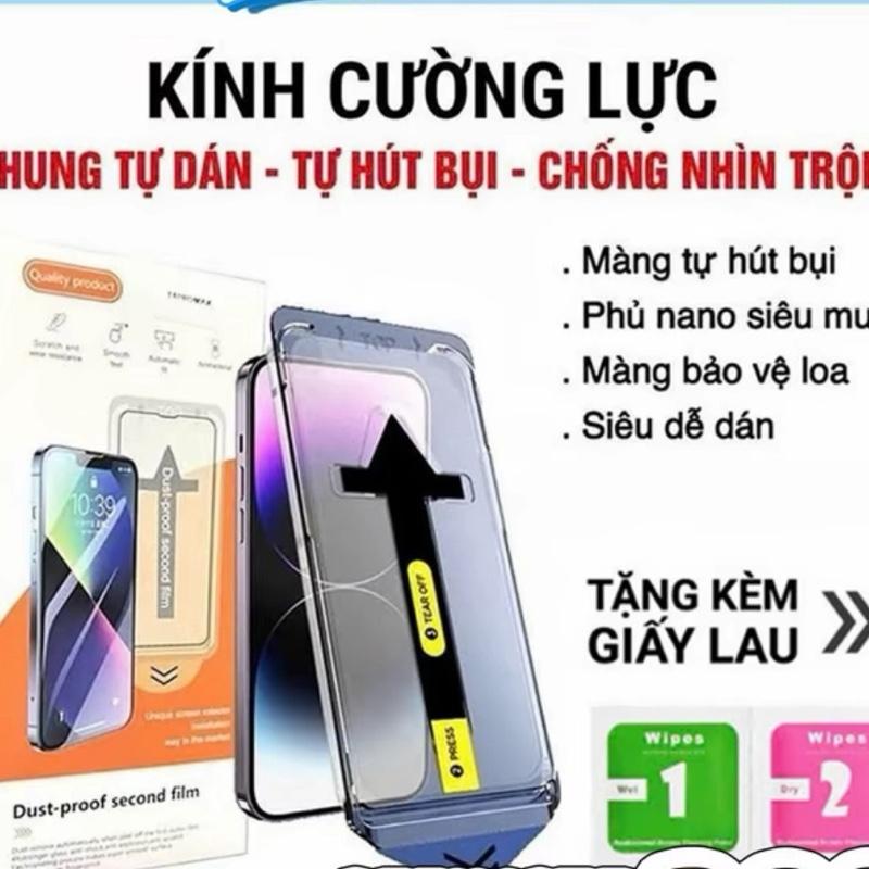 1 kinh cường lực iphone khung viền tự dán, tự rút bụi, có màng bảo vệ loa.