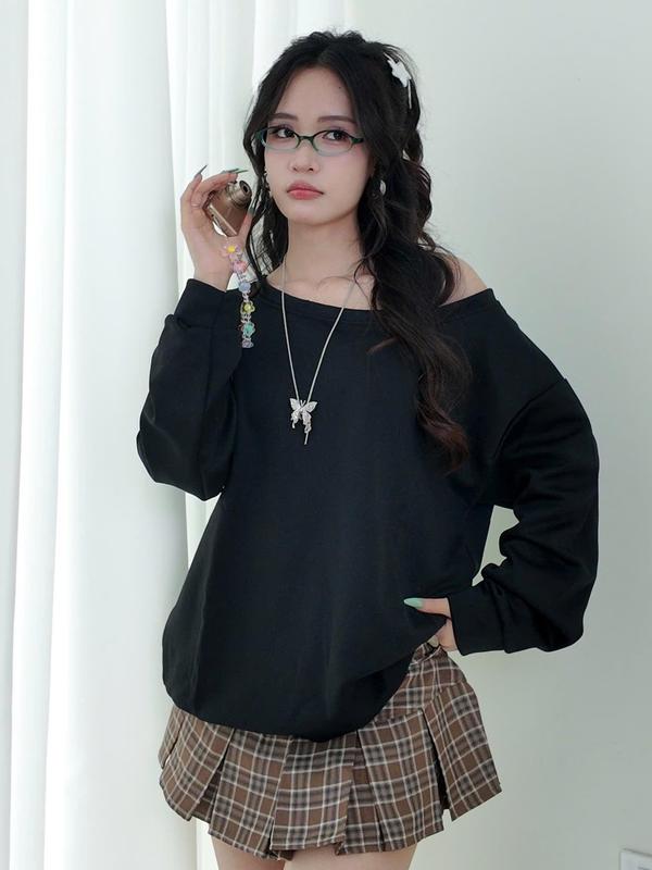 SUXING- Áo Nỉ Sweater Form Rộng Lệch Vai   Nữ , Áo Nỉ Tay Dài Dáng Rộng_S90