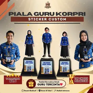 Piala Akrilik Guru (Seragam KORPRI) Sticker Custom Plus Tatakan I Penghargaan Hari Guru Nasional