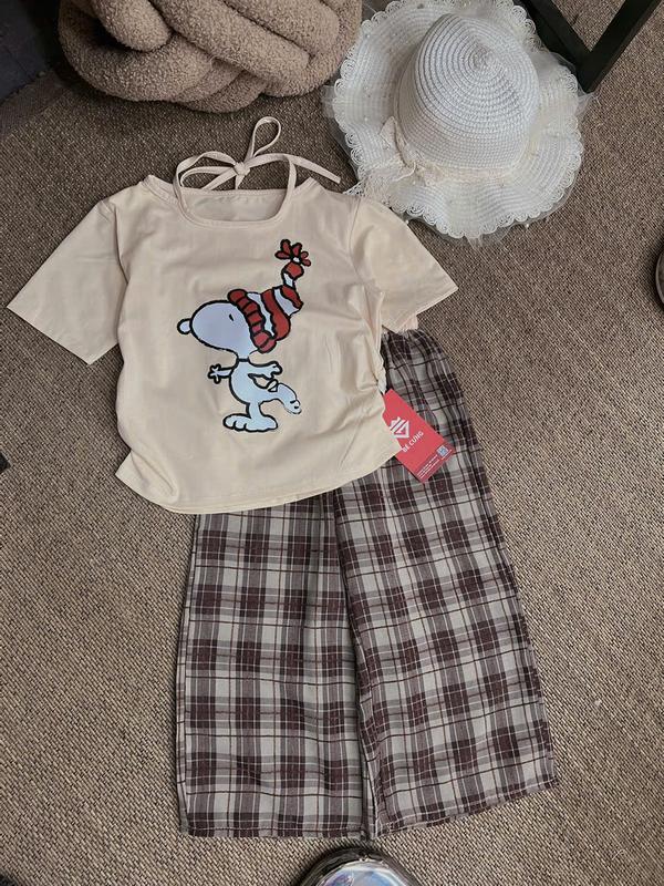 Set Áo Thun Kem Cột Nơ Cún Len Kèm Quần Dài Caro Nâu 52H Dành Cho Bé Gái