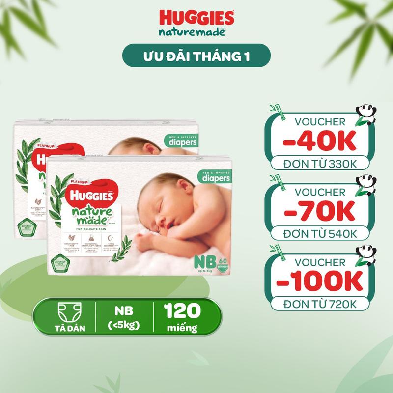 Creator Combo 2 Tã Bỉm dán sơ sinh Huggies Platinum NatureMade Size NB60 S82 M64 L54 XL44
