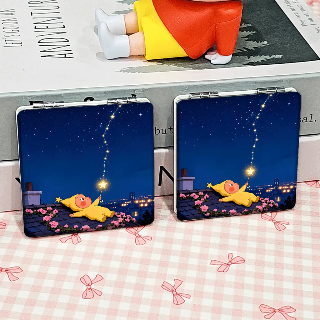 Portable Foldable Makeup Mirror, ChildStar WandNight SkyRooftop Pattern, Mini Hand Cosmetic Mirror, Student Pocket Mirror, Trendy Compact Mirror, Cute, Double Sided Mirror, Non-Slip Handheld