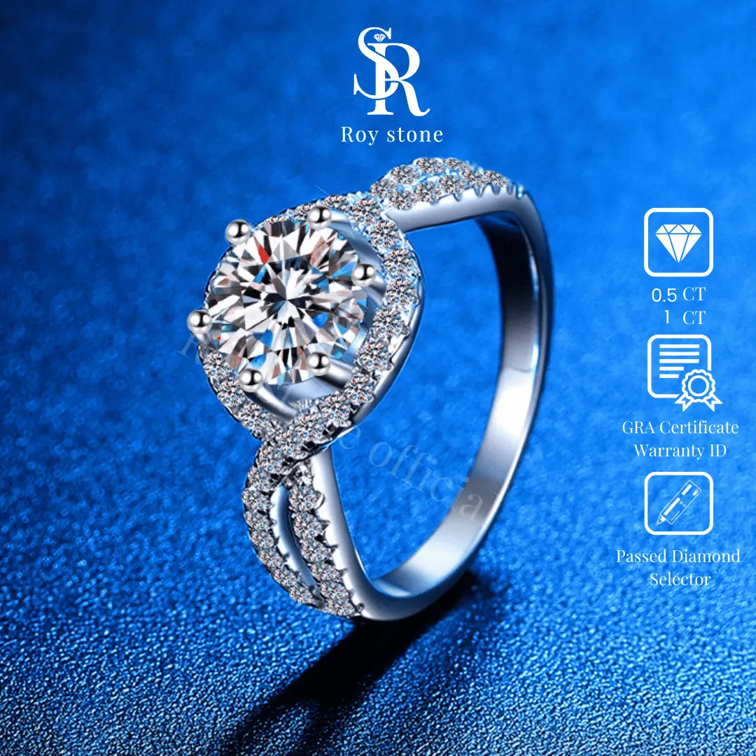RoyStone - Cincin Moissanite Original Wanita Sertifikat GRA Perhiasan Silver Asli Lapis Emas Putih 18K Anti Karat Desain Simpel Elegan Wedding Engagement Ring Birthday Gift_ Clara Ring - LIVE
