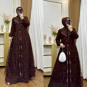 Aqila Dress Gamis Mewah Elegan dengan Detail Bordir Ceruty Babydoll mix Brukat Full Puring Payet Busui Friendly Wudhu Friendly untuk Tampilan Maksimal
