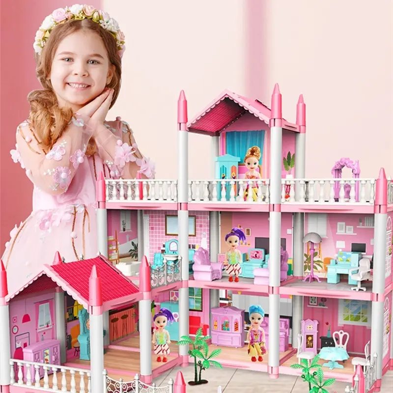 Mainan keluarga anak perempuan dan anak-anak  bingkai 3D Cross Border rakitan istana putri besar mainan rumah boneka 3