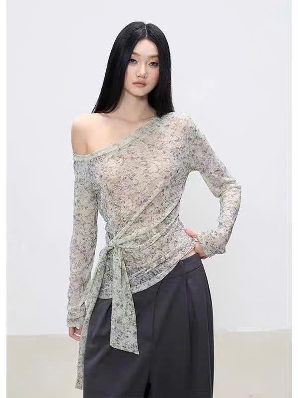  Áo tay dài trễ vai dáng ôm thắt dây eo P4 kem  nâu 