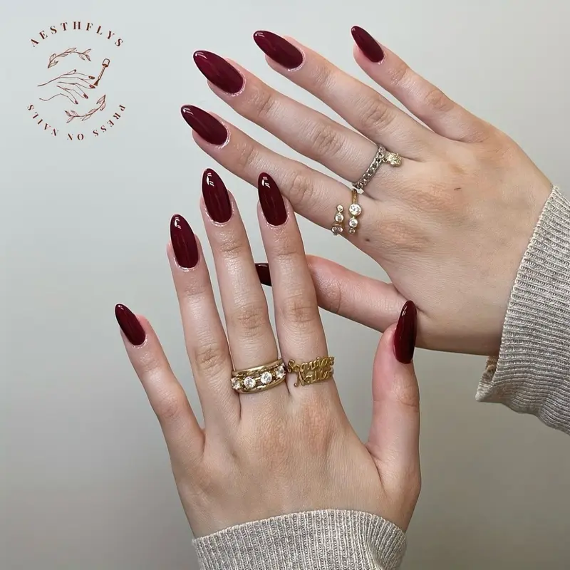 ￼Fake nails satu dark red | Press On Nails | Custom Fake Nails | Hand Made | Nail Art Murah Kuku Lem Polish Almond 0