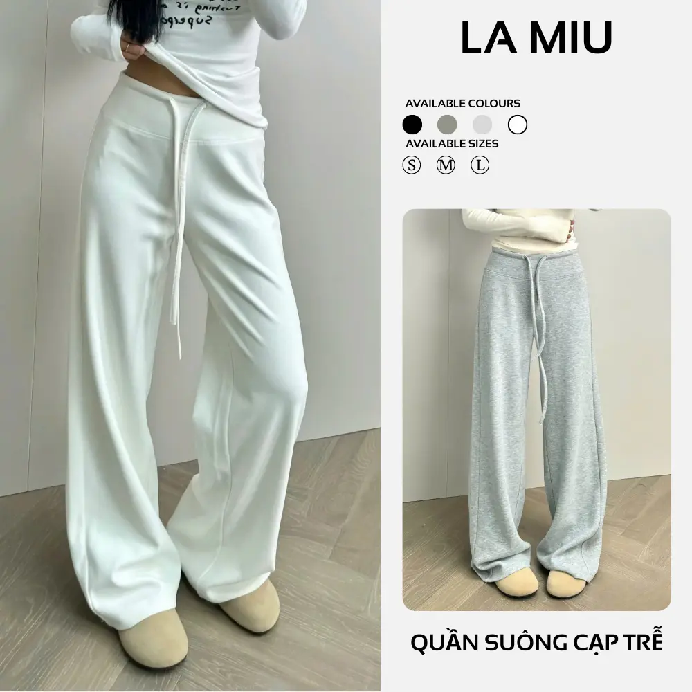 LaMiu.St - Quần Suông Nữ Dài Cạp Trễ Chất Mì Nỉ Phối Dây Rút Eo Không Lộ Hack Eo Nhỏ Chân Thẳng Dài Women H56