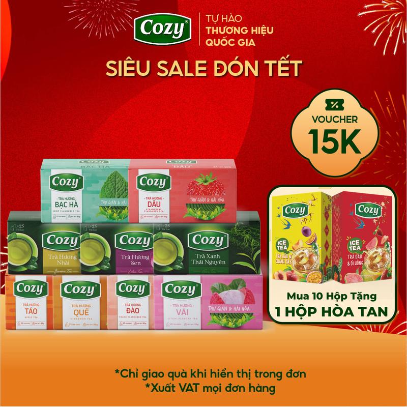   Voucher 15k - Lộc Đón Xuân  Trà Túi Lọc Cozy Tea Các Vị Trà Ô Long Trà Xanh Thái Nguyên Hồng Trà Trà Sen Trà Xanh Nhài Trà Đào Trà Dâu Trà Vải Trà Quế Trà Bạc Hà Trà Táo  25 túi lọc x 2g  Nước Trà Thơm Chè Tươi Nguyên Chất 