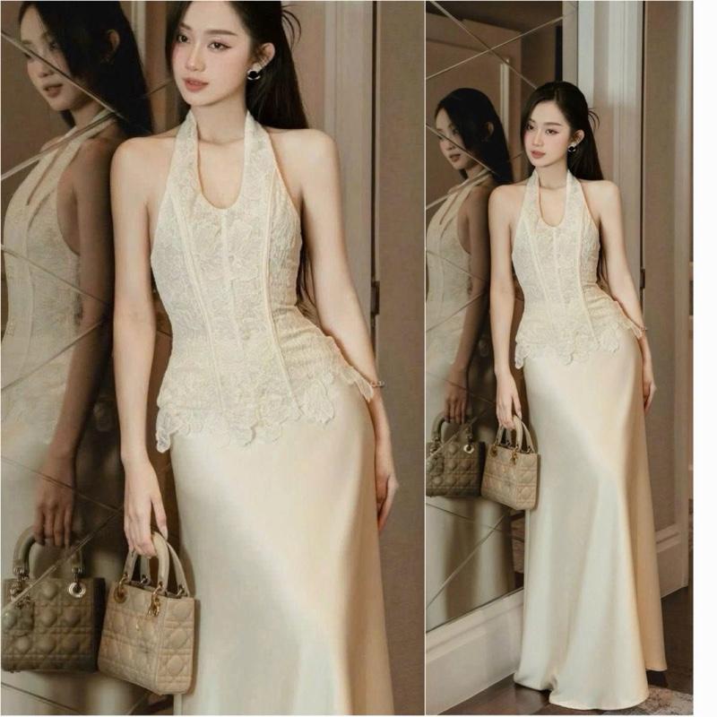 Set Áo Ren Cổ Yếm Phối Chân Váy Lụa A128 Dài váy 95cm Mặc Đi Tiệc Sự Kiện Dạo Phố Cưới Hỏi - Akara Closet