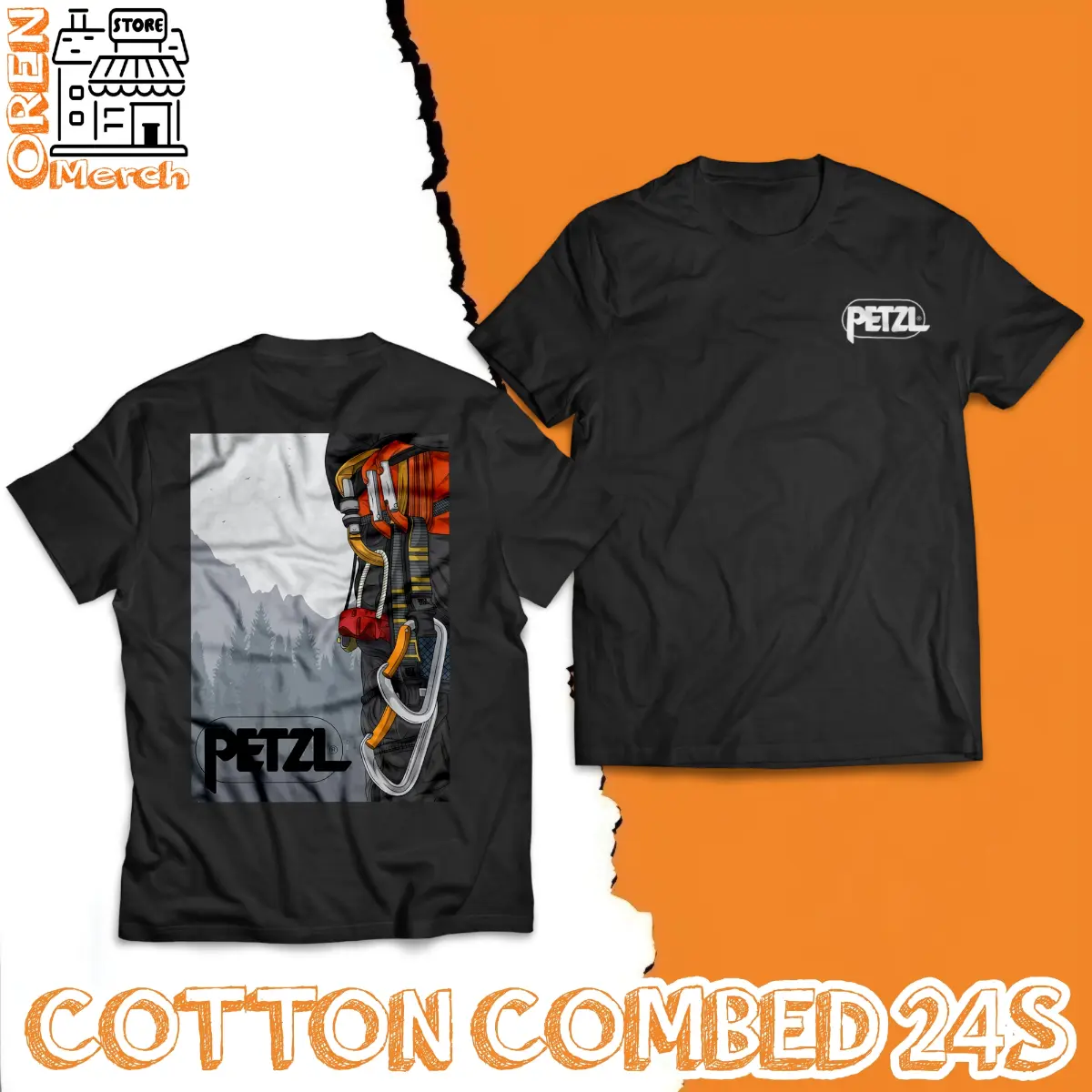 ( oren store merch ) baju kaos petzl 3 pendaki gunung unisex pria dan wanita cotton combed 24s