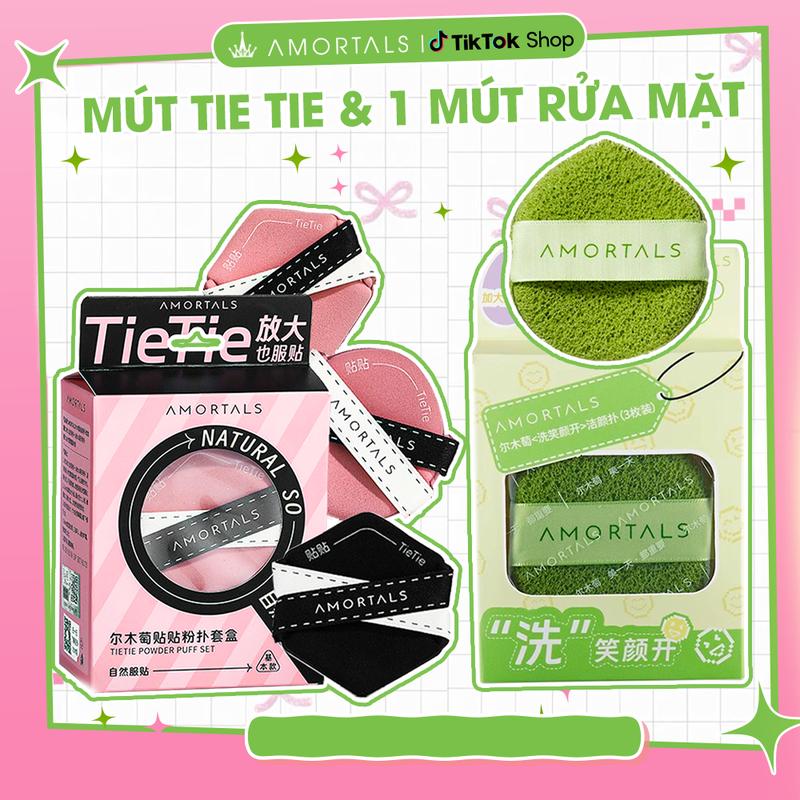 《Amortals.Vietnam》SET 3 Mút Trang Điểm TieTie Amortals Pink & Black Đa Dạng Phân Loại ( Combo Mút Tie kèm 1 Mút Rửa Mặt, 3 Mút Rửa Mặt)