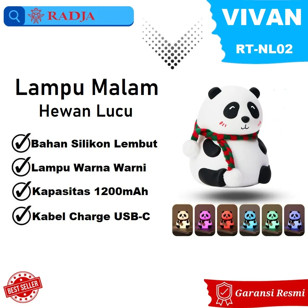 Robot RT-NL02 Lampu Malam Warna-Warni Silikon Panda Lucu Lampu Tidur