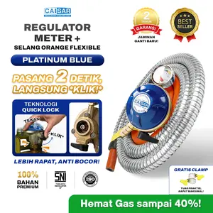CAISAR - Paket Regulator Kompor Gas Meter Platinum Blue & Selang Gas Tebal Anti Tikus + Klem Clamp ANTI BOCOR AUTO LOCK QUICK COUPLING | Aman & Mudah sudah SNI Elpiji LPG (PB)