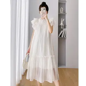 M00D623 Ruffle Maternity Dress Chiffon Crinkle | Mom-to-be Princess Dress Bumil