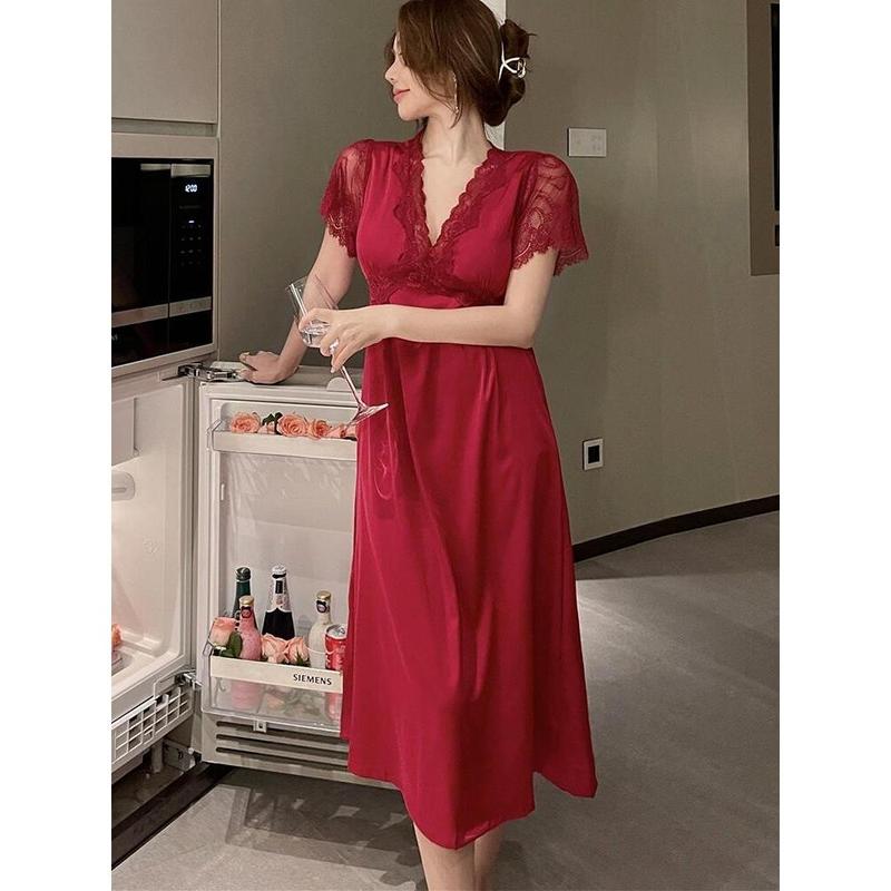 Product Introduction of Váy Ngủ Lụa Lạnh Có Đệm Ngực Cho Nữ, Váy Ngủ Ren Ngắn Tay, Gợi Cảm, Cổ Chữ V, Rỗng 8