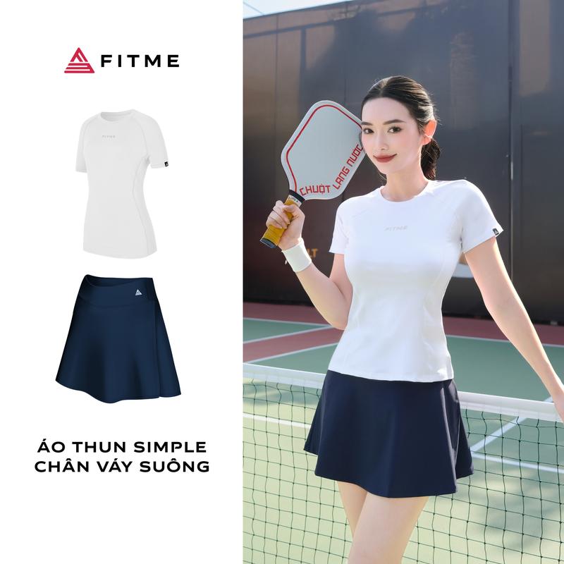 Bộ đồ Pickleball, cầu lông, tennis nữ Fitme áo áo thể thao Simple Trắng, chân váy suông Blazer Navy năng động