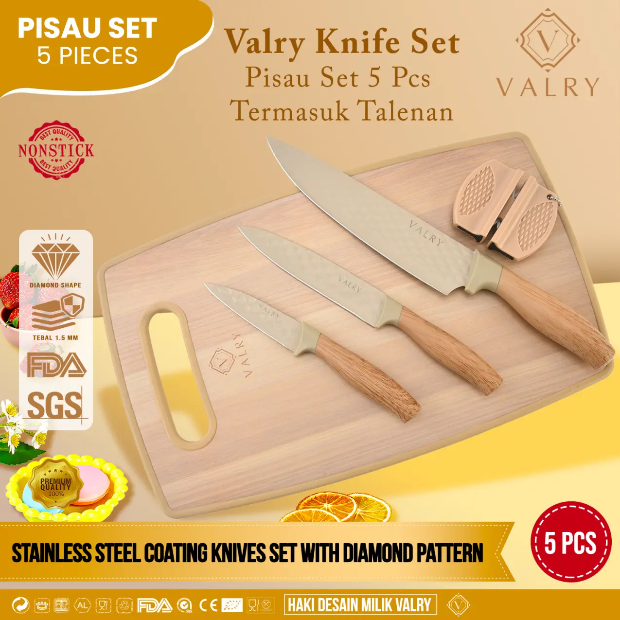 VALRY PISAU SET 5 TALENAN Pengasah pisau dapur modern marble diamond anti lengket gagang motif kayu AK175