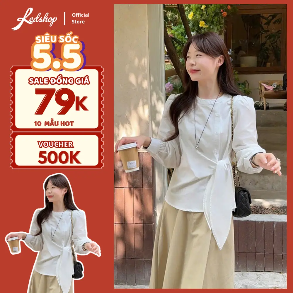 Áo sơ mi trắng nữ Red Shop 308002 chất kaki chéo hàn thiết kế buộc nơ chiết eo tôn dáng phong cách Hàn Quốc