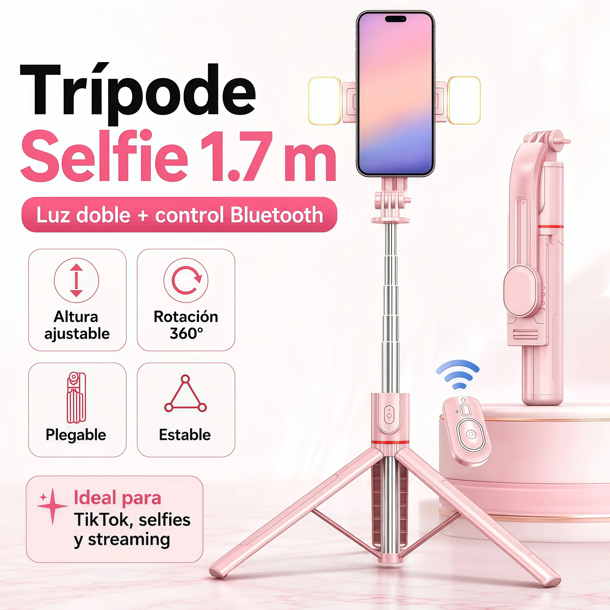 TríPode para Selfies de 1,7 Metros, Con Luz de Relleno y Control por Bluetooth, Ajustable en 360°, Equipado con Mando a Distancia Por Bluetooth, Palo Selfie Profesional, Soporte Profesional para Retransmisiones en Directo
