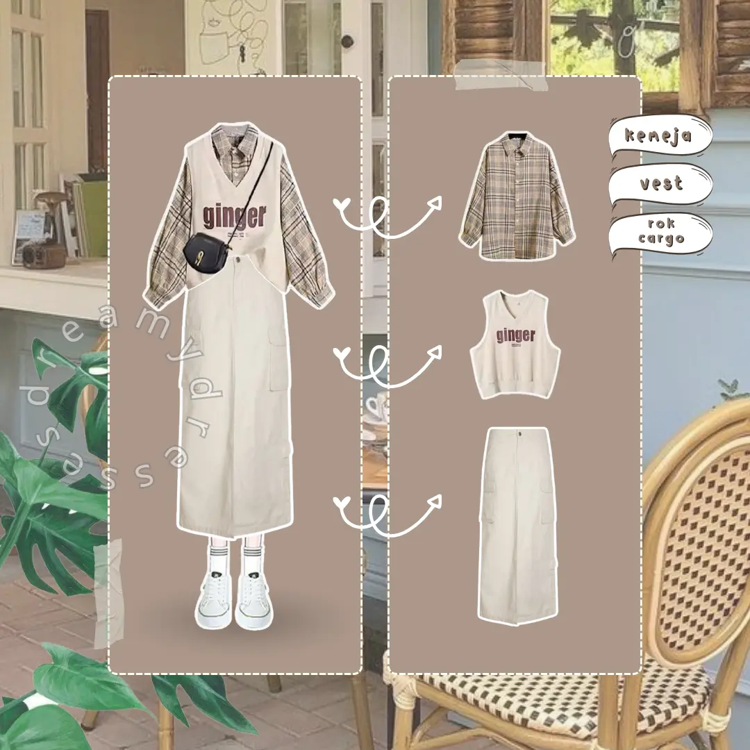 3in1 One Set 148 - (Kemeja, Vest, Rok Cargo) One Set Setelan Wanita Korean Style OOTD One Set Rok Cargo Cream Hits
