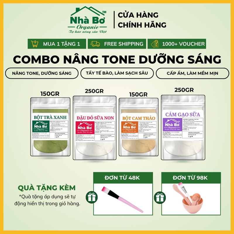   HDSD ĐI KÈM  Combo 4 Gói Bột  250g Đậu Đỏ Sữa Non + 150g Trà Xanh + 150g Cam Thảo + 250g Cám Gạo Sữa  - Giúp dưỡng trắng da mặt và body | Nhà Bơ Organic 