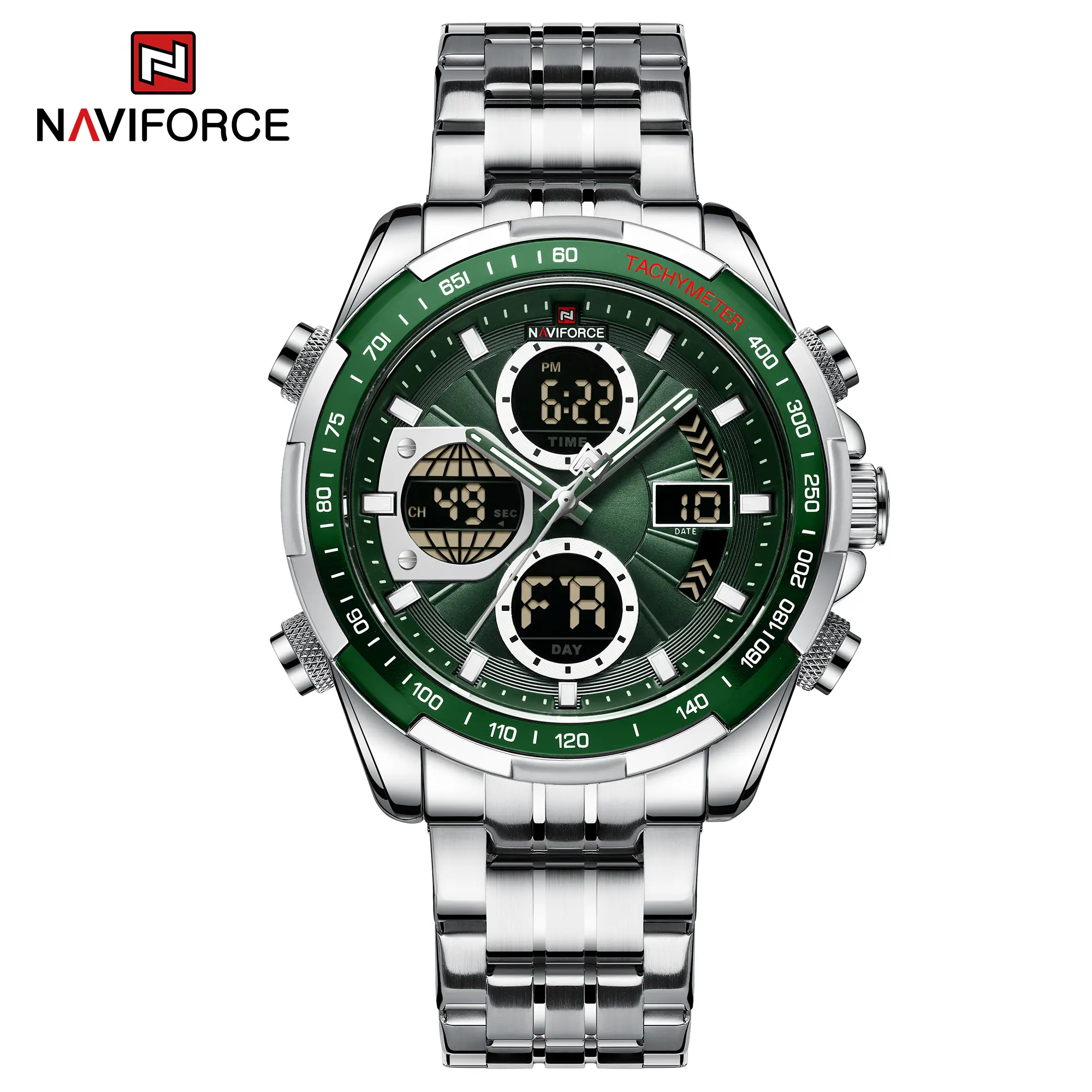 NAVIFORCE Watch Men's Outdoor Sports Green Waterproof Reflective Glass Mirror Luminous Stainless Steel Quartz Watch
