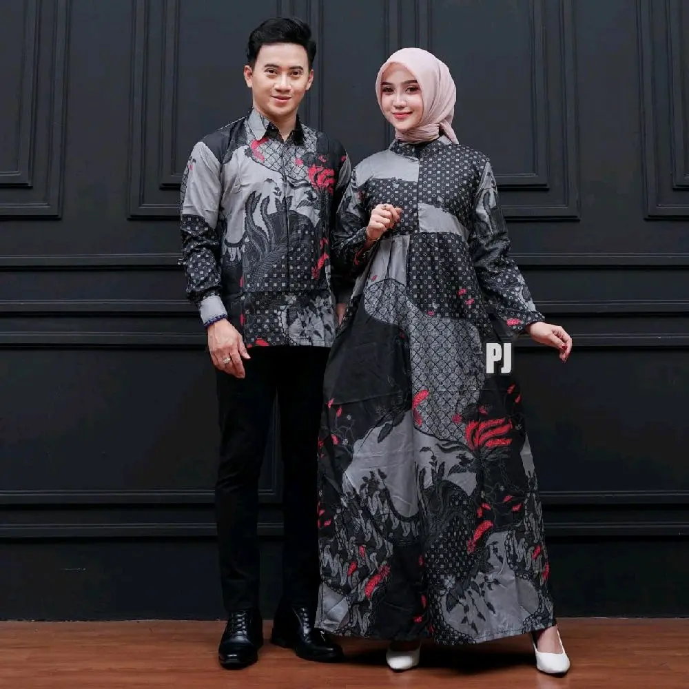 baju batik lebaran_couple batik kondangan_gamis lebaran_kemeja batik pria_couple terbaru Muslim Pasangan Wanita Sarimbit Pesta Dress Katun Keluarga Setelan Panjang Motif Ibu