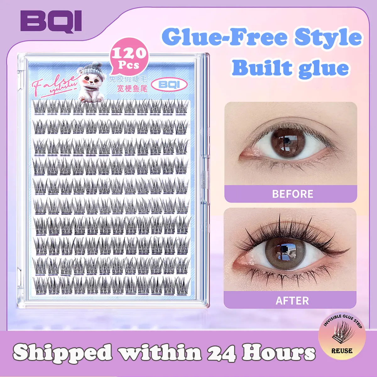 【NO Glue Free】BQI 100-120 Cluster False Eyelashes With Glue Self-Adhesive New Upgraded Softer Lashes Glue-Free 10-12mm C Curl Best Seller Lashes Reusable Tweezer Self-Adhesive Strip Eyelash Extension bqi  false eyelashes mermaid tail falsies