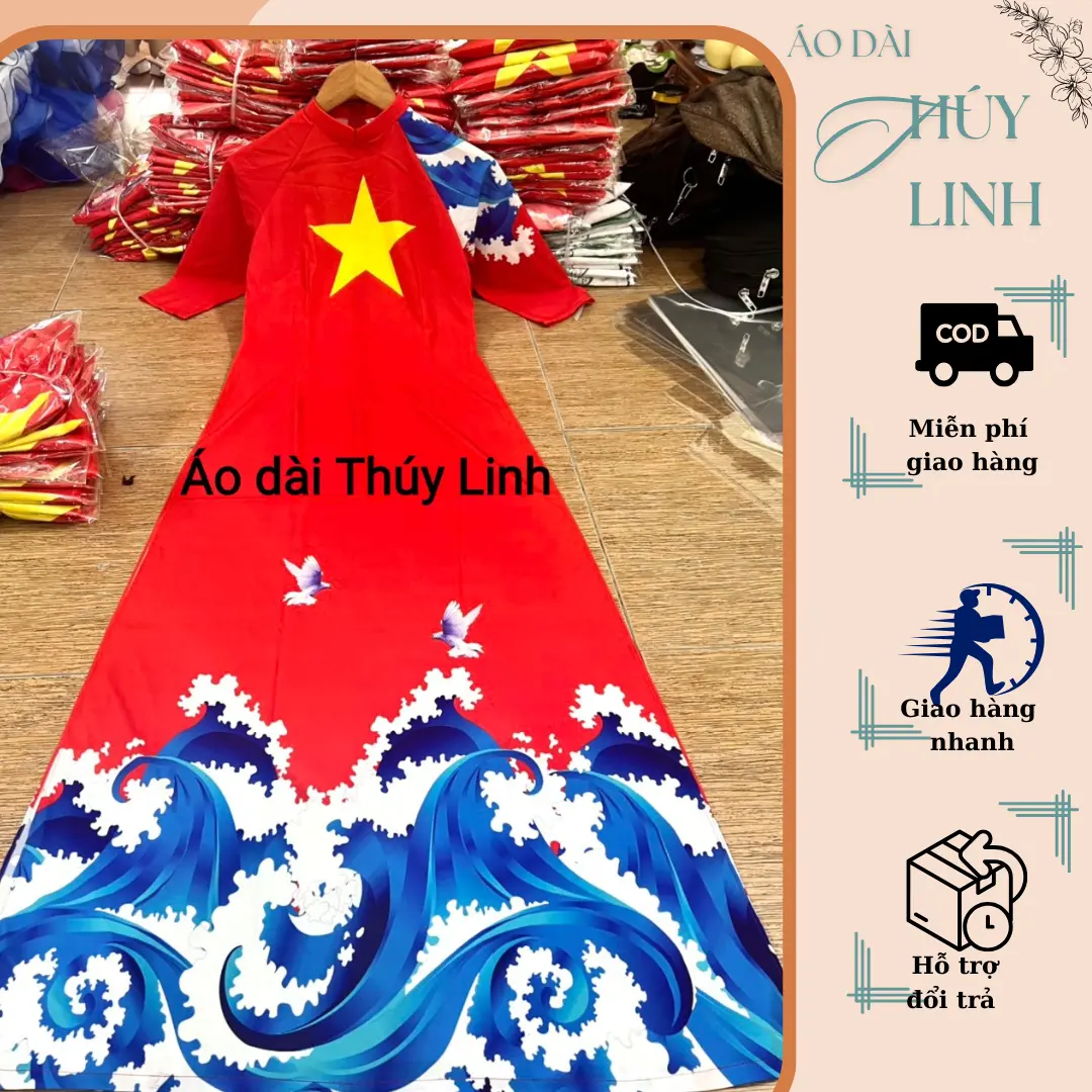 Mẫu áo dài lụa in cờ đỏ sao vàng - Áo dài Thúy Linh - sao vàng -  Nữ Women