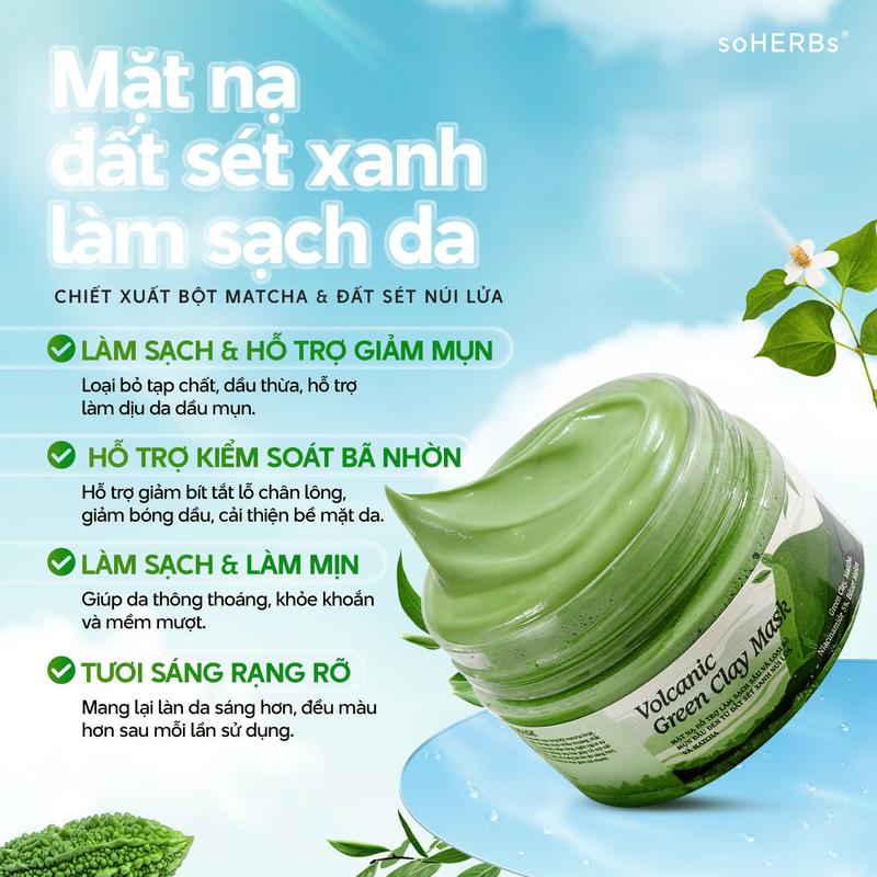 Mặt Nạ Đất Sét Xanh Núi Lửa & Matcha 50ml - Hỗ Trợ Giảm Mụn Đầu Đen Duy Trì Độ Ẩm Làm Dịu Mát Da - Dưỡng Ẩm Da Làm Đẹp Da Đắp Mặt Cosmetic Nữ Collagen