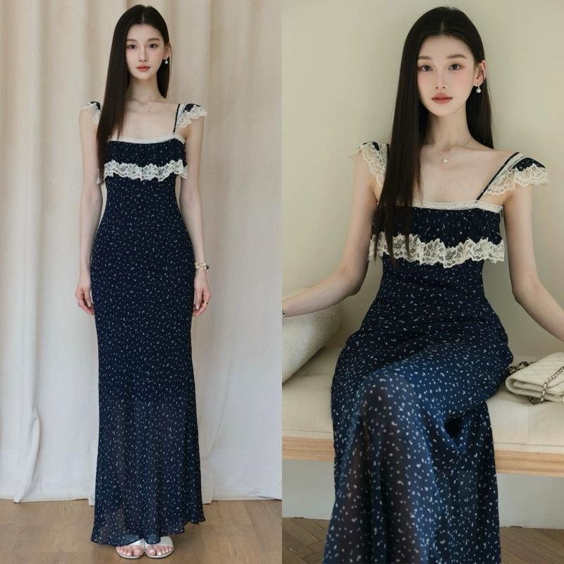 VÁY BODY LƯỚI THUN HAI DÂY VIỀN REN RỦ ( SIMIHOUSE ) Đầm body lưới hoa nhí hai dây form đuôi cá