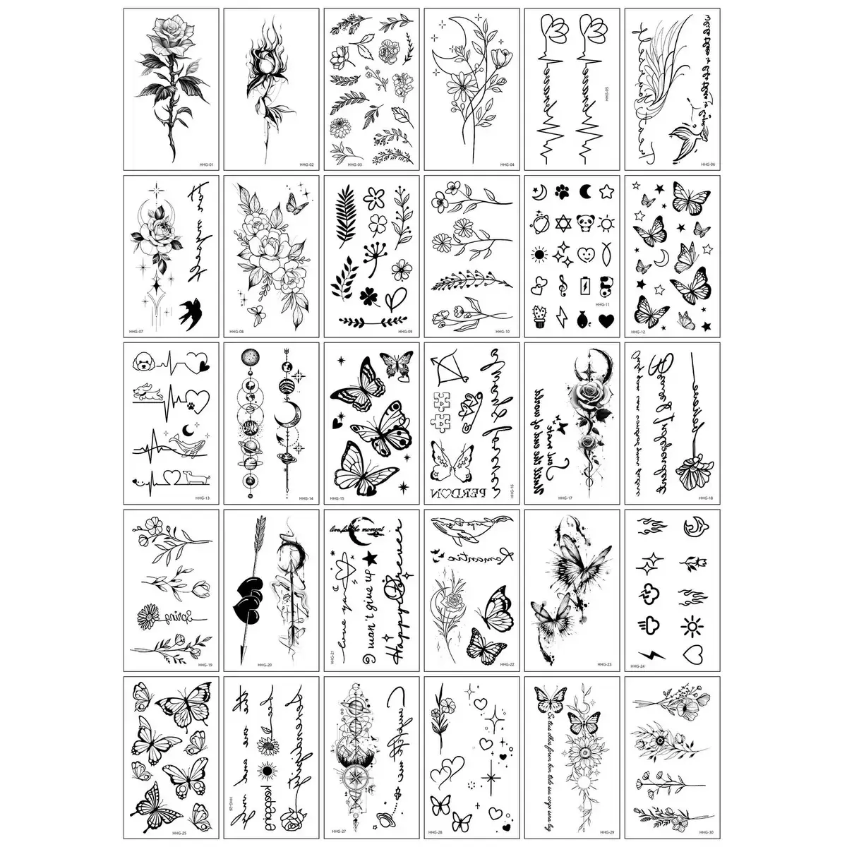 30 PCS Stiker Tato Temporer Grosir 6x10cm Halal Tanpa Bekas flower butterfly Bunga bulan planet api panda bintang panah anjing mawar HHG