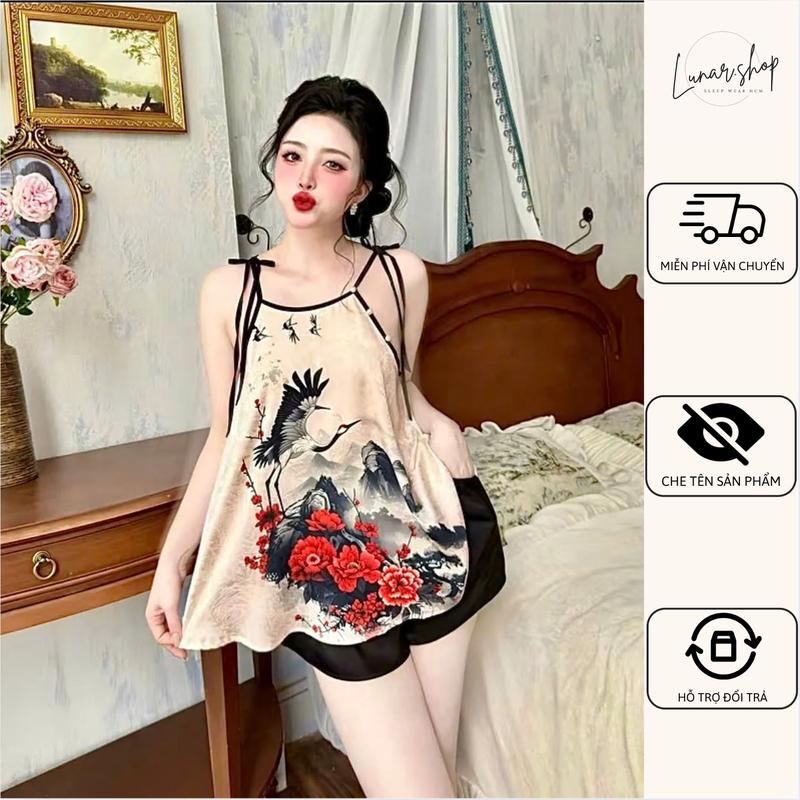    Có Bigsize   Đồ Bộ Hai Dây Cột Nơ Vai In Họa Tiết 3D Đa Dạng Màu Sắc Chất Vải PHI LỤA Mềm bộ ngủ nữ mặc ở nhà đồ ngủ cho nữ set đồ nữ đẹp 