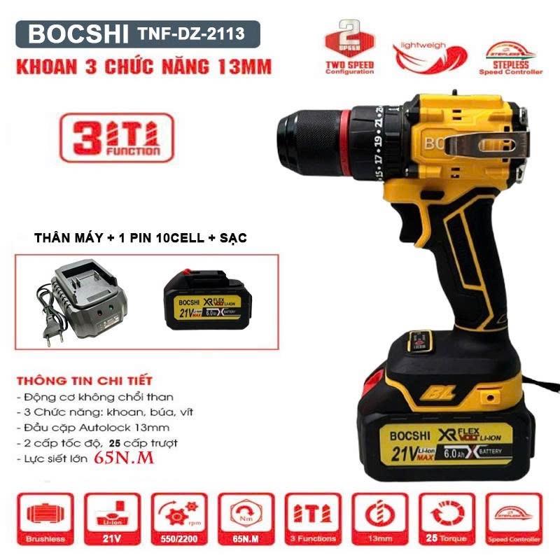 Máy khoan pin BOCSHI 13mm không chổi than lỗi đồng đầu kẹp bằng sắt 3 chức năng đầy đủ khoan vít .. sắt..búa vvv