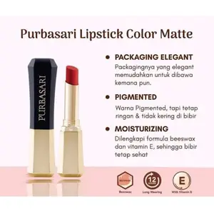 Purbasari Lipstick Color Matte - Packaging Elegant Pigmented Moisturizing dengan Beeswax dan Vitamin E