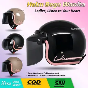Helm Bogo Dewasa Ladies Wanita List Pink Aesthetic Busa Coklat Kombinasi Flat Visor
