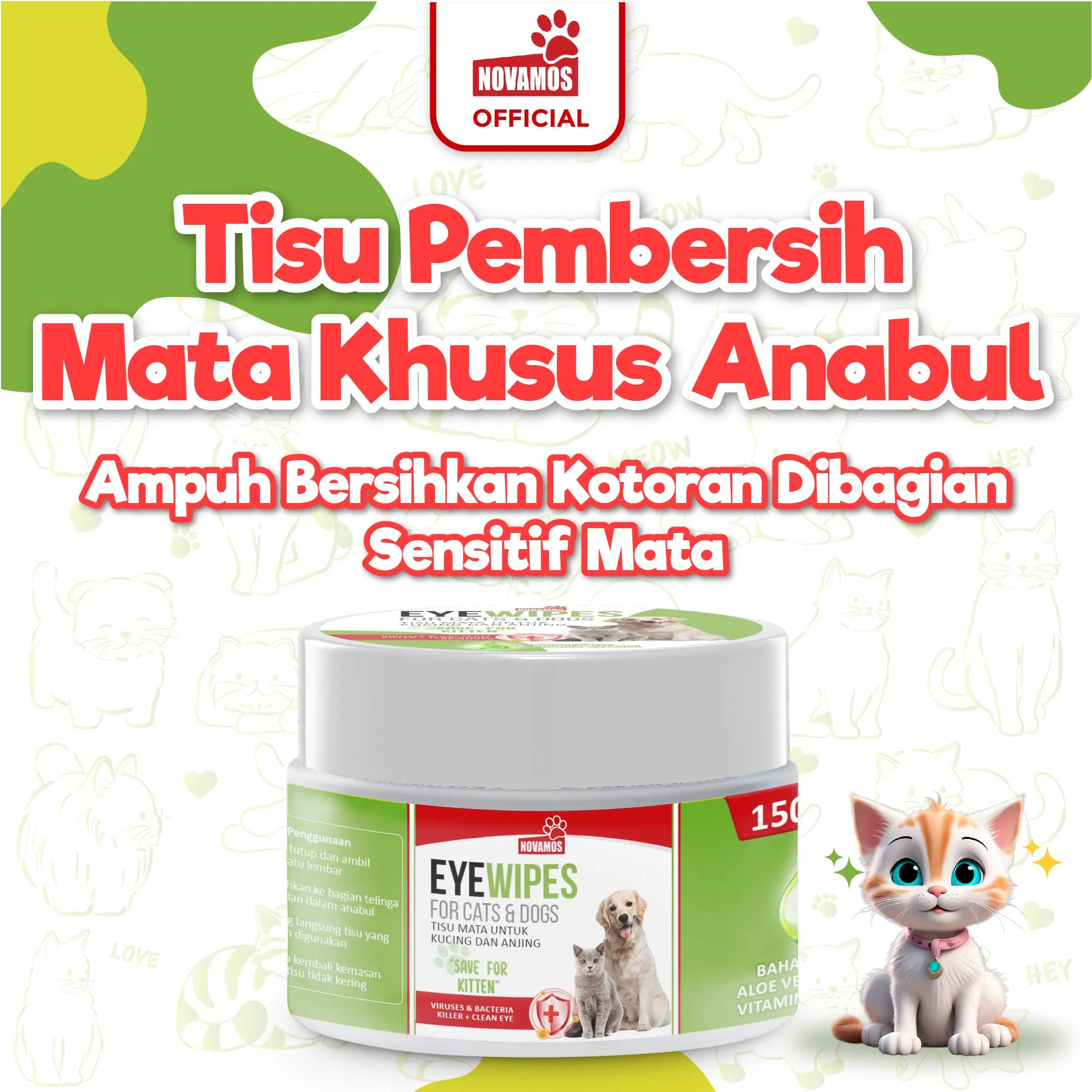 NOVAMOS Tisu Pembersih Mata Kucing dan Anjing isi 150 pcs - Tisu Basah Pembersih Noda Kotoran Mata Hewan Pet Eye Wipes