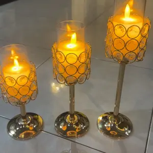 【Beli satu gratis dua】Tempat Lilin Kristal Emas dengan 3 Potongan untuk Dekorasi Rumah atau Hadiah
