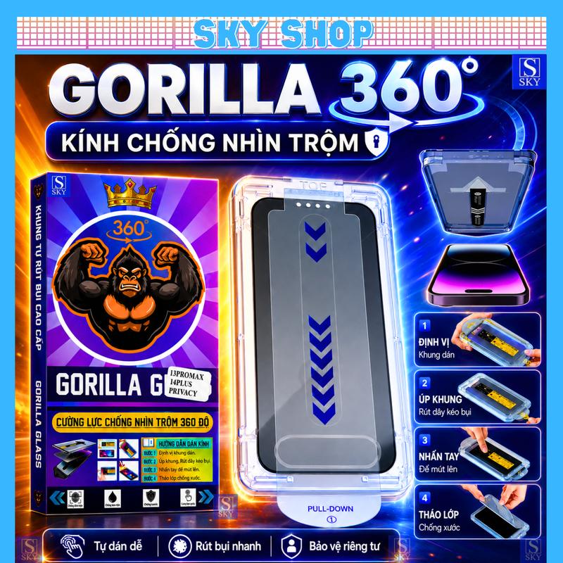 Kính Cường Lực iphone Chống Nhìn Trộm 360 Độ GORILA Glass Có Khung Tự Dán Cao Cấp Rút Bụi Cho iPhone 18 ProMax 17 ProMax 16 ProMax 15 ProMax 14 ProMax 13 ProMax 12 ProMax 11 Pro Max X XR XS Max