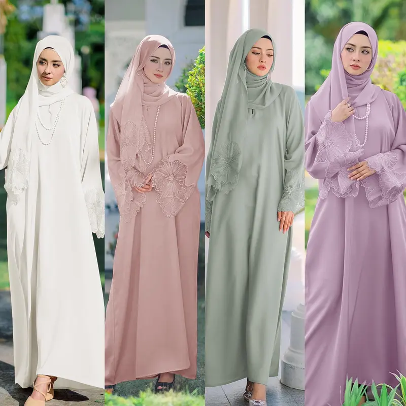 Set Hijab 2 helai / set, gaun labuh penuh, Flora bersulam, lengan ...