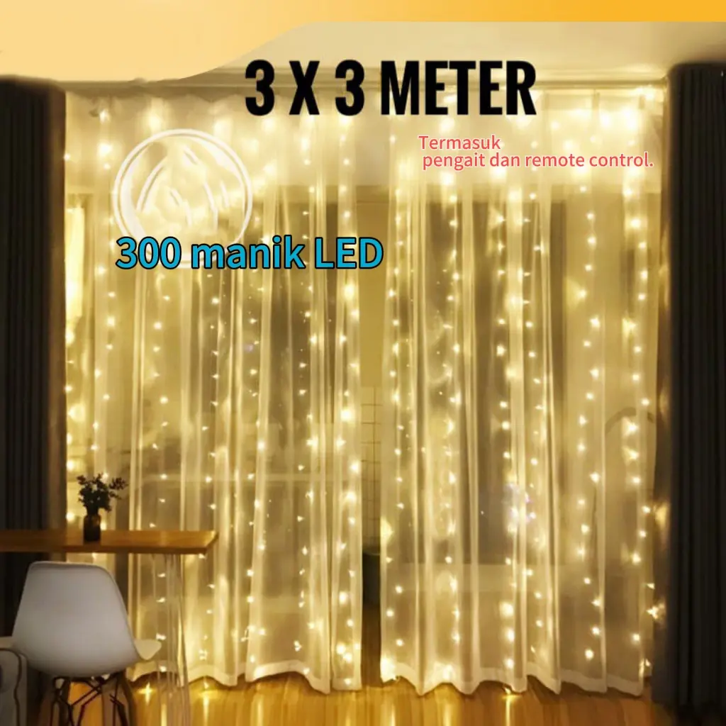 【Penawaran Promosi!!】Tirai panjang 3 x 3 meter dengan lampu air terjun LED | Tirai panjang LED