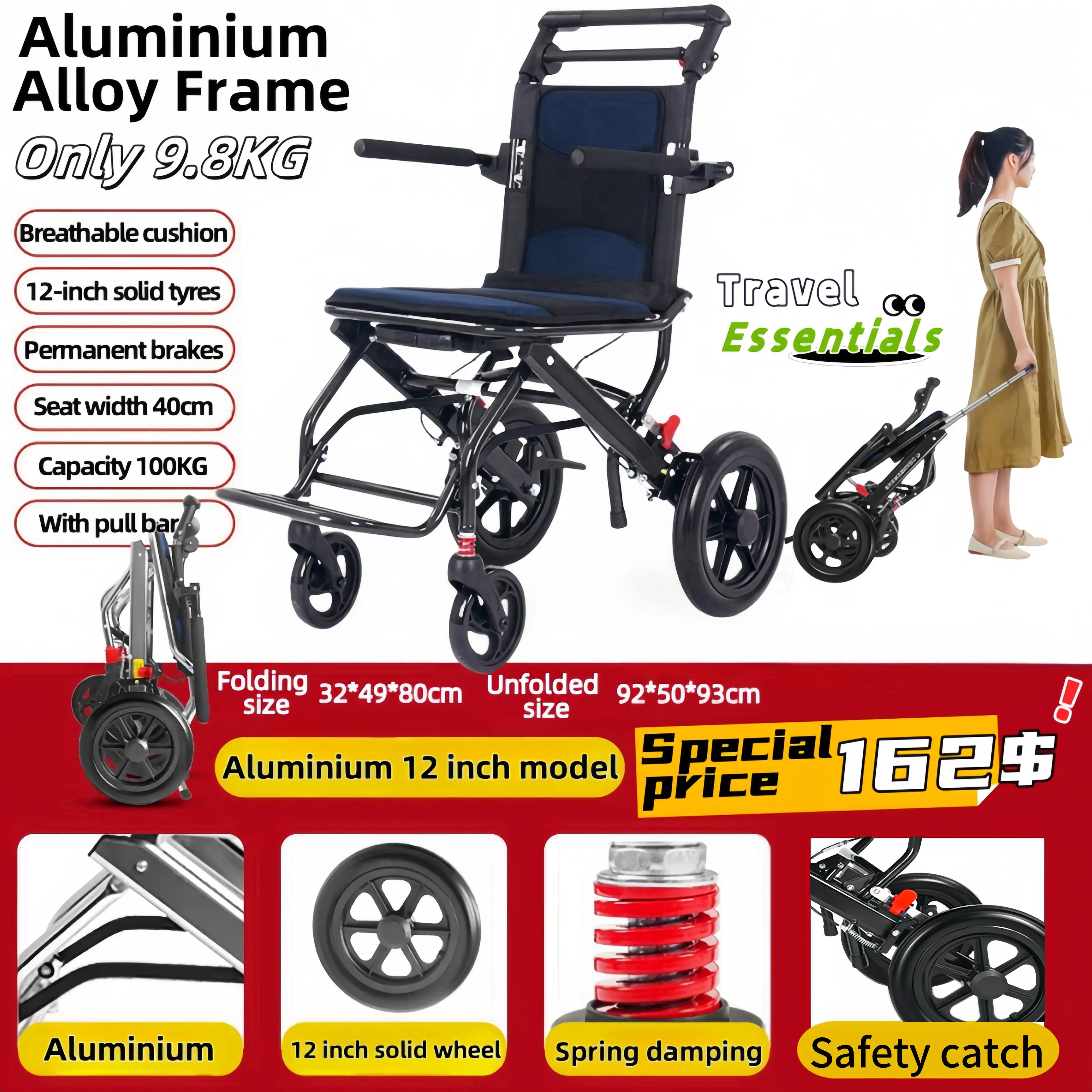 KANBEIO 9.8KG Foldable Wheelchair Reinforced Aluminium Alloy Material Honeycomb Breathable Cushion Reinforced Seat Plate Load Capacity 100KG No Collapse 6 Months Warranty