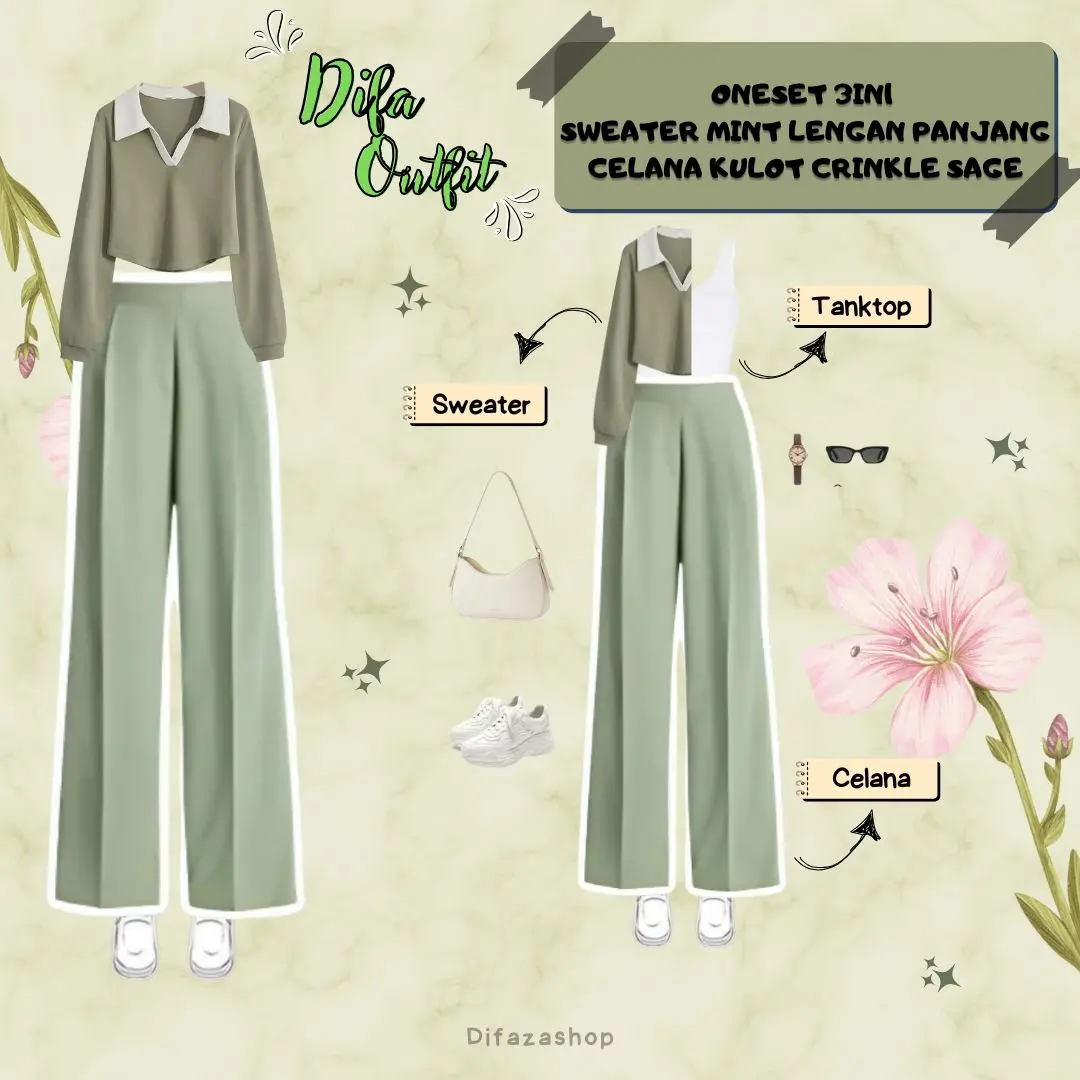 DF 410 - outfit difa tanktop wanita tali lebar putih sweater mint lengan panjang dan celana kulot crinkle airflow sage oneset 3in1 wanita korean style