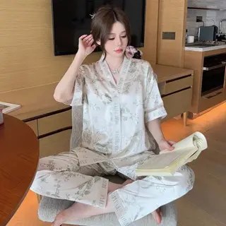 Stelan Baju Tidur Piyama Motif Lengan Pendek Celana Panjang Kekinian / Baju Tidur Satin Wanita / Set Piyama / Pakaian Tidur Wanita Dewasa