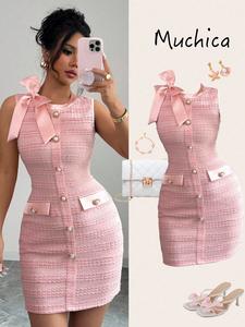 Vestido corto ajustado sin mangas elegante para mujer, con lazo de satín y hebilla metálica con perlas, perfecto para citas, ocasiones románticas y fiestas